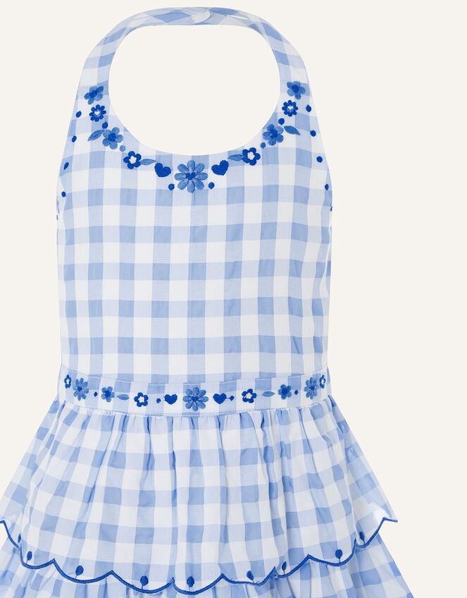 Gingham Halter Embroidered Dress , Blue (BLUE), large