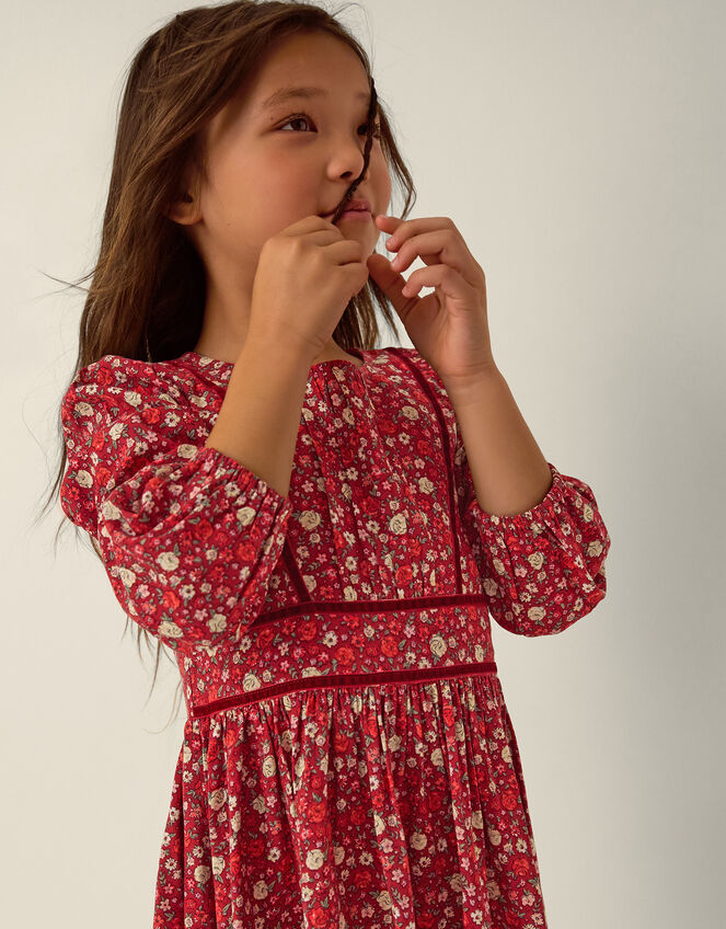 Long Sleeve Ditsy Floral Dress, Red (RED), large