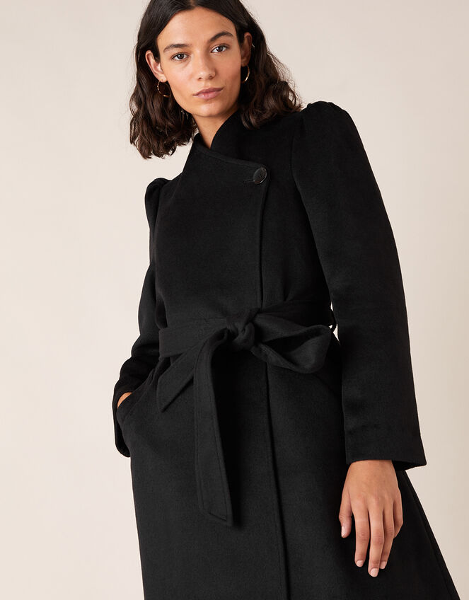 Maxine Long Belted Wrap Coat, Black (BLACK), large