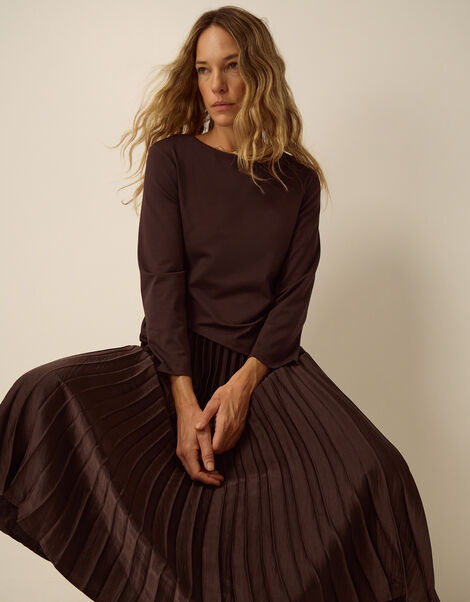 Petra Jersey Pleated Midi Dress, Brown (CHOCOLATE), large