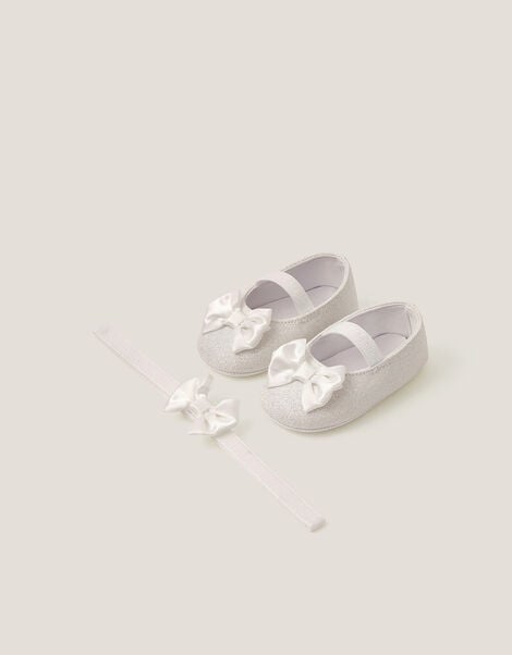 Baby Bow Glitter Booties & Headband Set, Ivory (IVORY), large