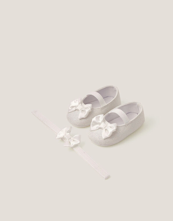 Baby Bow Glitter Booties & Headband Set, Ivory (IVORY), large