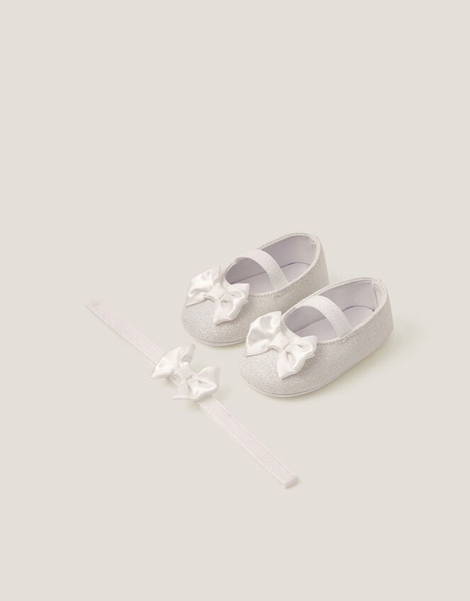 Baby Bow Glitter Booties & Headband Set, Ivory (IVORY), large