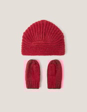 Baby Bow Knitted Hat & Mittens Set, Red (RED), large