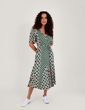 Contrast Geometric Print Wrap Midi Dress, Green (KHAKI), large