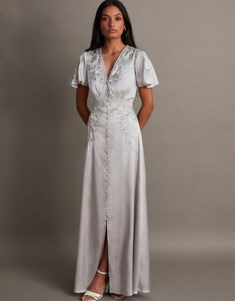 Mia Satin Embroidered Maxi Dress Silver, Silver (SILVER), large