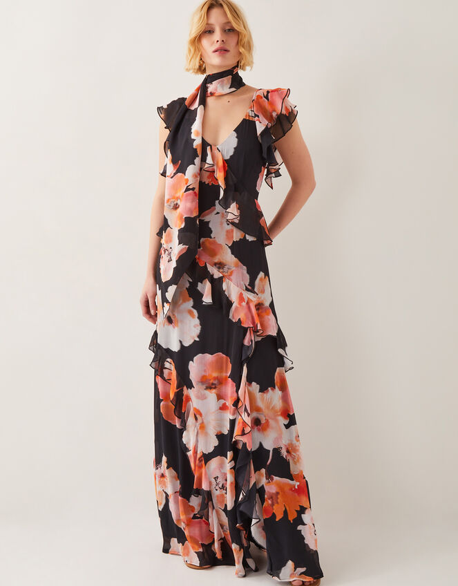 Carrie Floral Ruffle Chiffon Maxi Dress, Black (BLACK), large