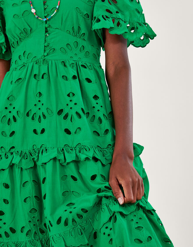 V-Neck Tiered Broderie Dress, Green (GREEN), large