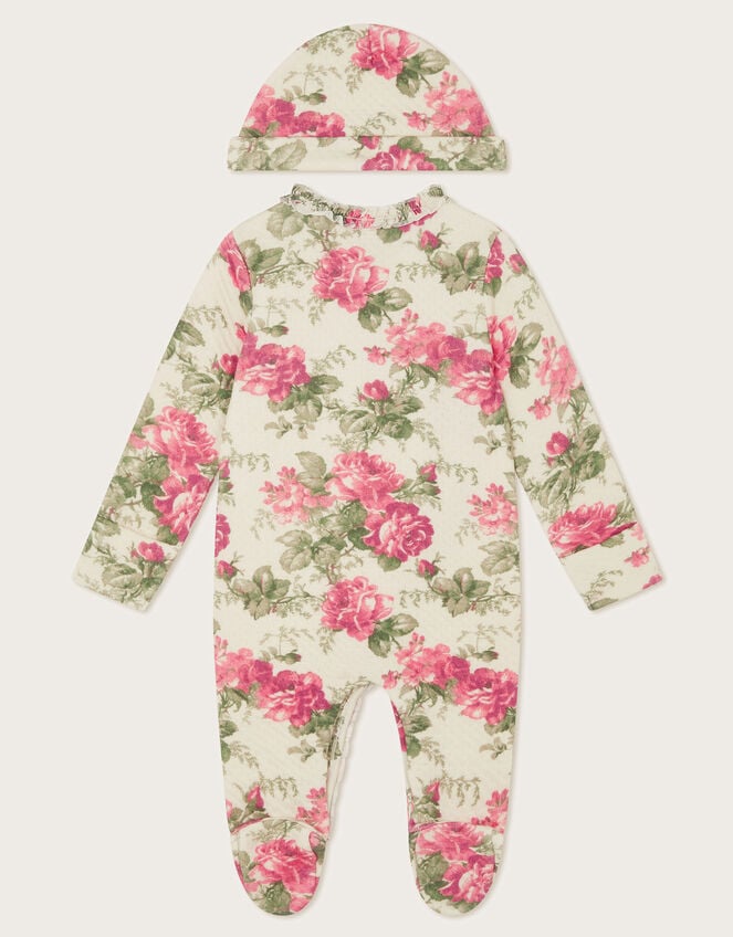 Newborn Betsy Floral Sleepsuit and Hat, Ivory (IVORY), large