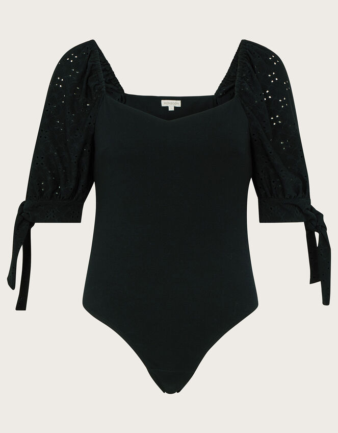 Broderie Sleeve Jersey Bodysuit, Black (BLACK), large