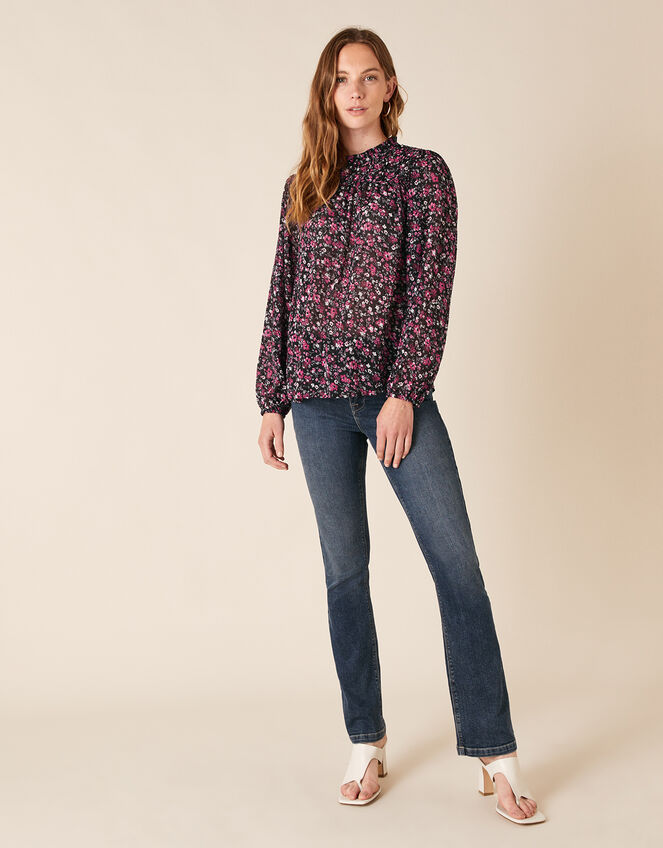 Ditsy Floral Print Blouse, Black (BLACK), large
