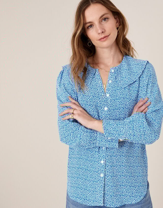 Printed Wide Collar Blouse, Blue (BLUE), large