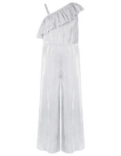 Cassandra One Shoulder Metallic Plisse Jumpsuit, Silver (SILVER), large