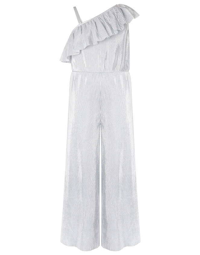 Cassandra One Shoulder Metallic Plisse Jumpsuit, Silver (SILVER), large