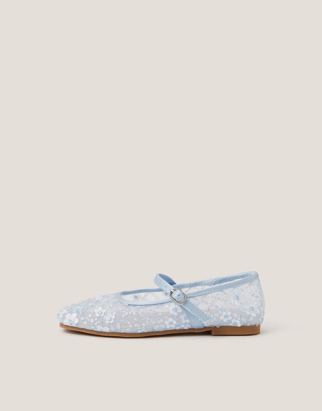 Flower Sparkle Mesh Ballet Flats, Blue (BLUE), large