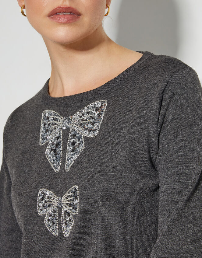 Di Sequin Bow Crew Neck Sweater, Gray (DARK GREY), large