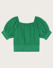 Embroidered Parrot Puff Sleeve Top, Green (GREEN), large