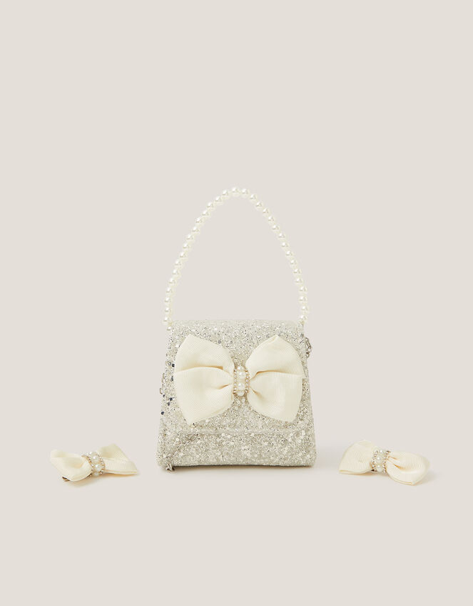 Glitter Pearl Bow Handbag & Hair Clips Set, , large