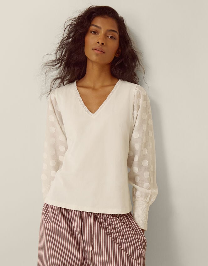Ferne V-Neck Polka Dot Top, Ivory (IVORY), large