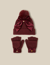 Velvet Bow Bobble Hat & Gloves Set, Red (BURGUNDY), large