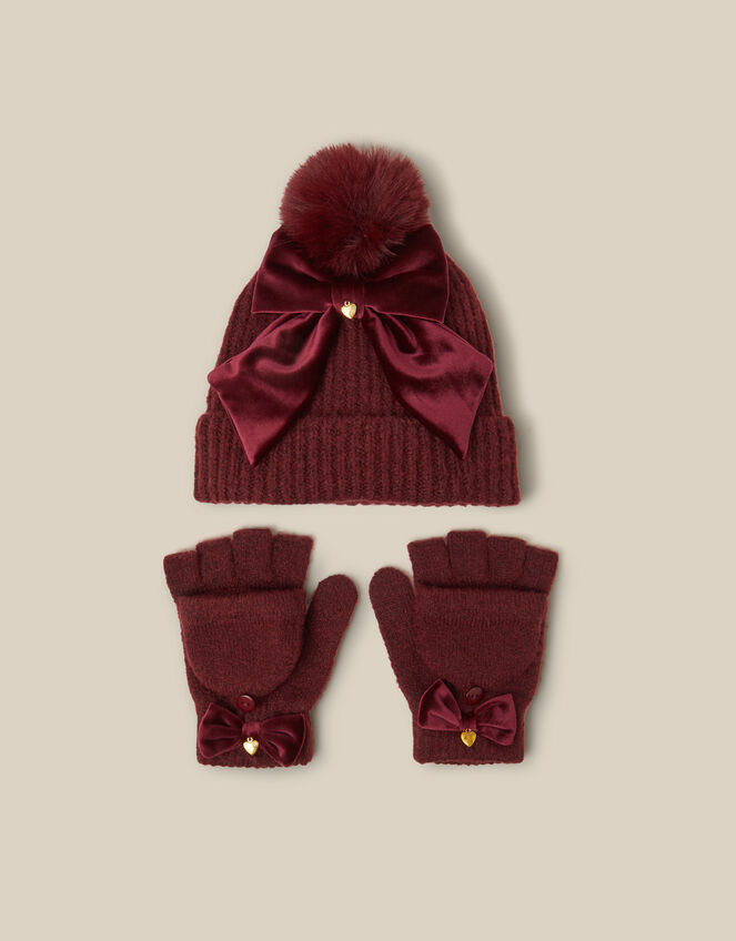 Velvet Bow Bobble Hat & Gloves Set, Red (BURGUNDY), large
