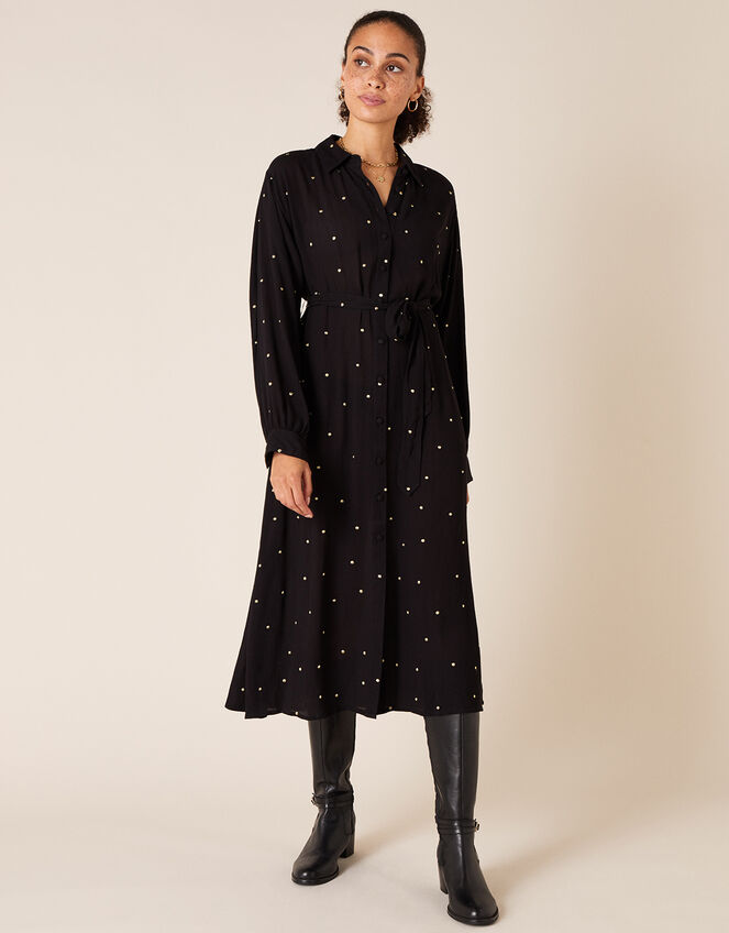 Embroidered Spot Midi Shirt Dress, Black (BLACK), large