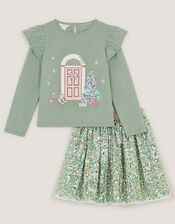 Christmas Top & Sequin Disco Skirt Set, Green (GREEN), large