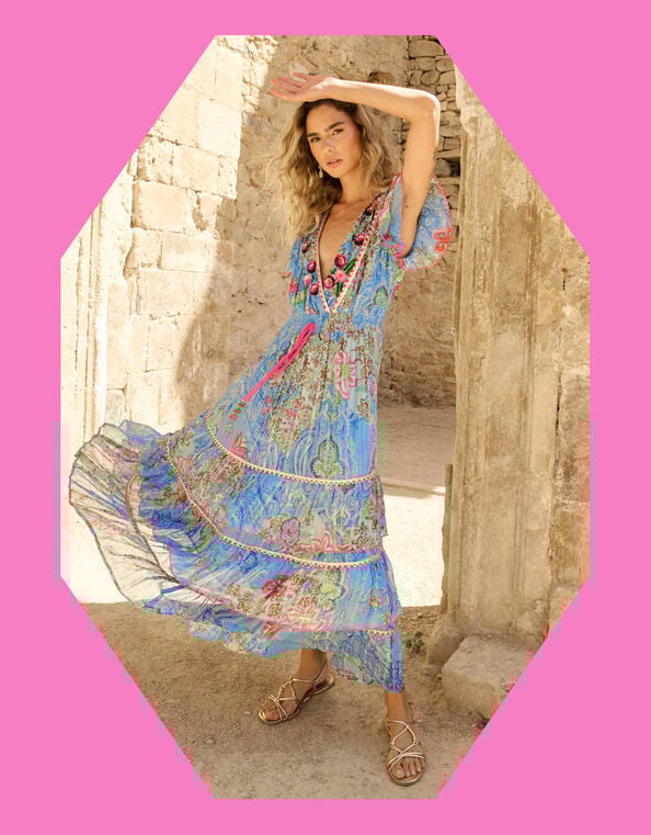 Piti Cuiti Paisley Print Tiered Maxi Dress, Blue (BLUE), large