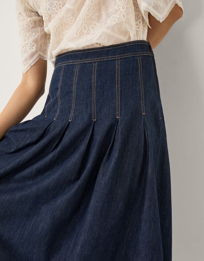 Darcie Pleated Denim Midi Skirt, Blue (INDIGO), large