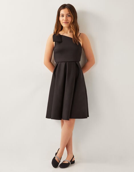 Nina Asymmetrical Bow Strap Prom Dress, Black (BLACK), large