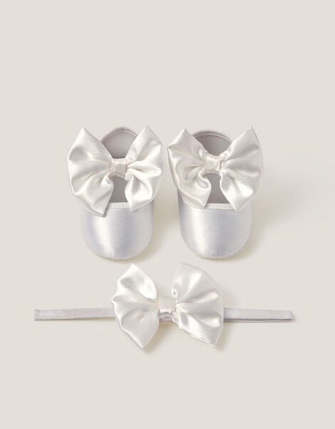 Baby Satin Bow Headband & Booties Set, Ivory (IVORY), large