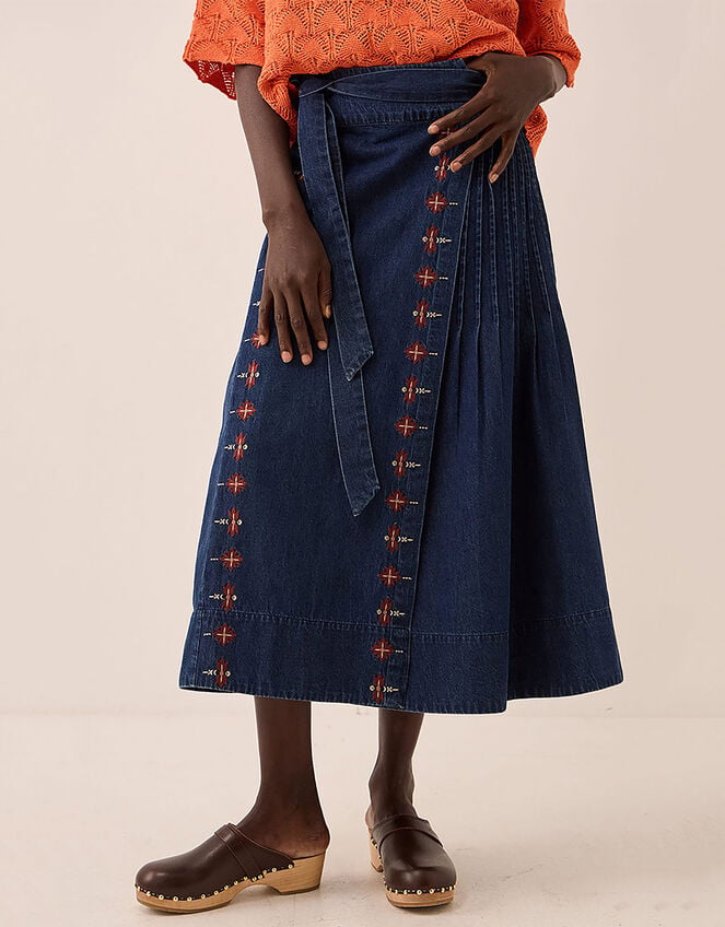 East Marion Denim Wrap Embroidered Skirt, Blue (DENIM), large
