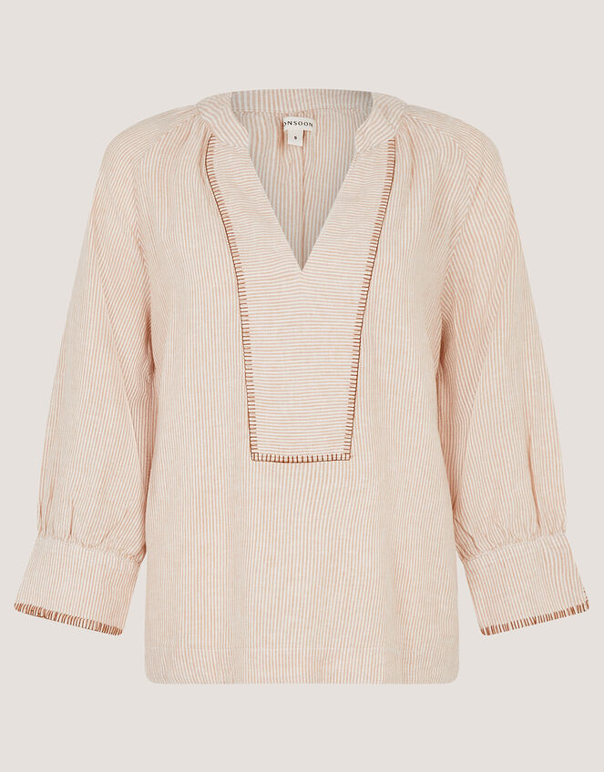 Frida Stripe Linen-Blend Top, Natural (NATURAL), large