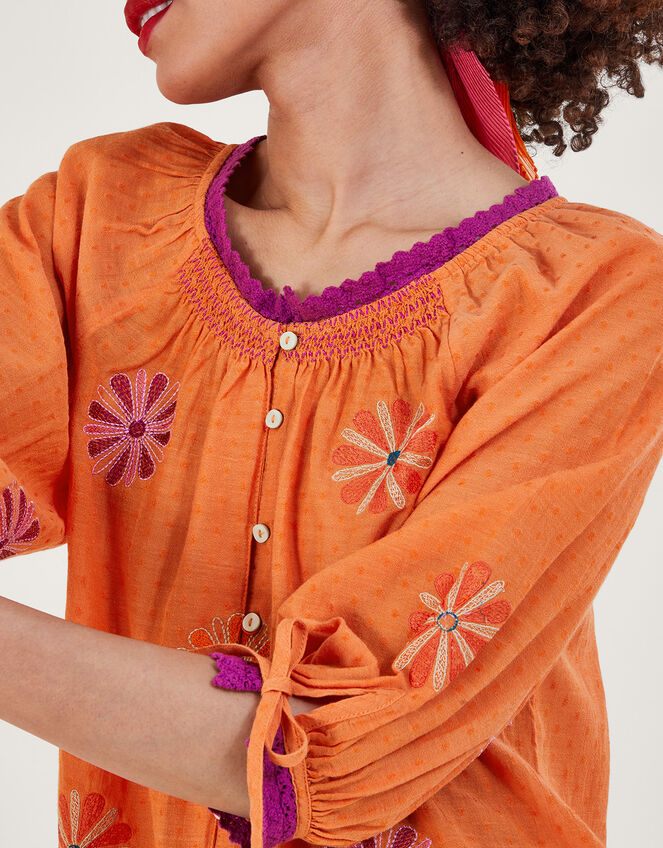 Floral Embroidered Button-Through Top, Orange (ORANGE), large