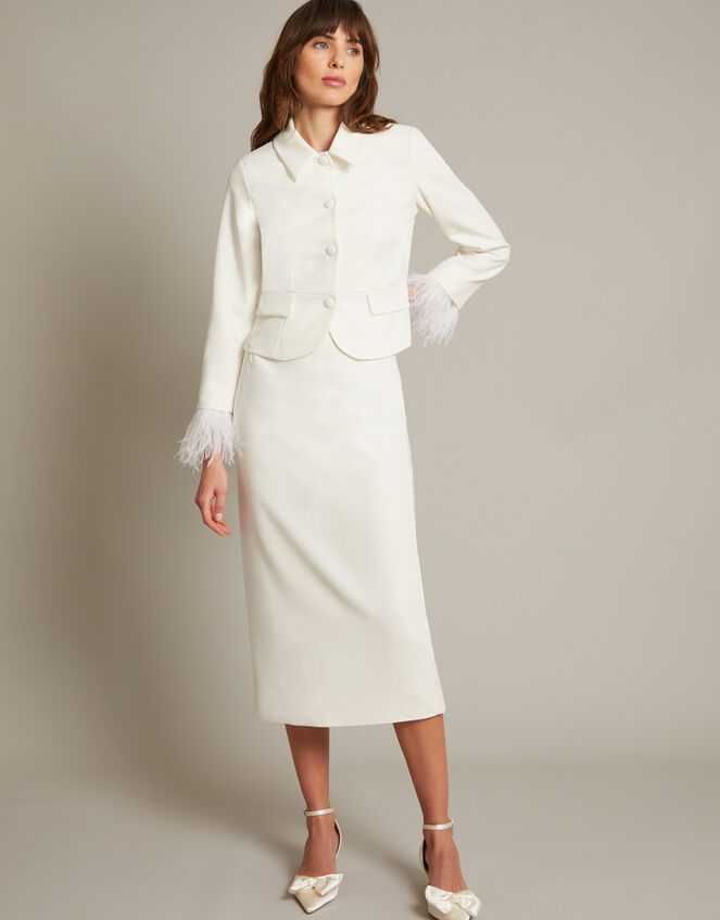 Luisa Feather Cuff Wedding Jacket, Ivory (IVORY), large