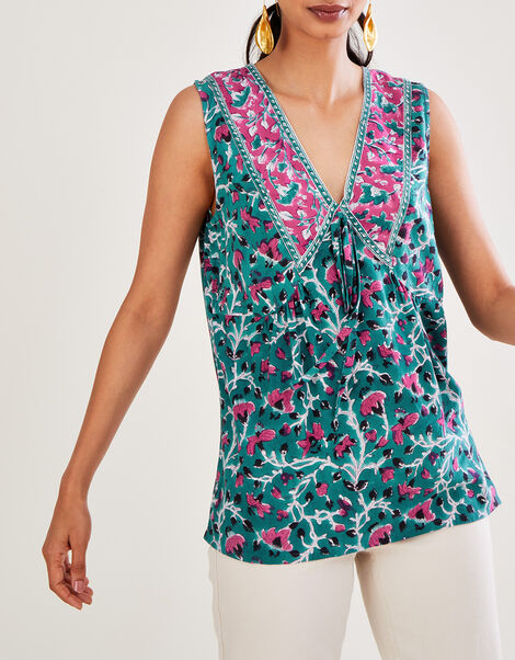ARTISAN STUDIO Sleeveless Bloom Print Tank Top, Blue (BLUE), large