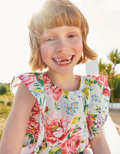 Floral Top in Linen Blend, Blue (BLUE), large