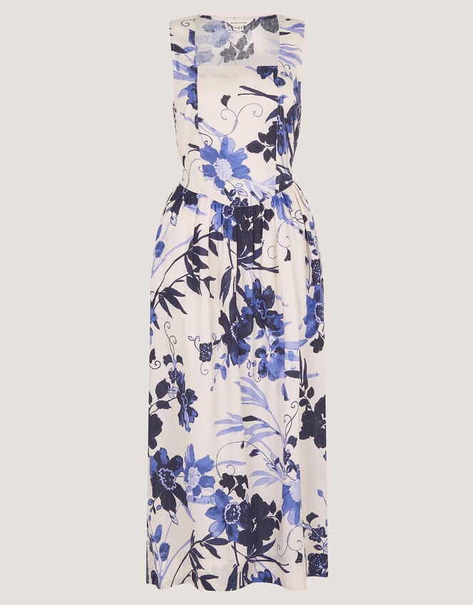 Nicolette Floral Linen Blend Midi Dress, Blue (BLUE), large