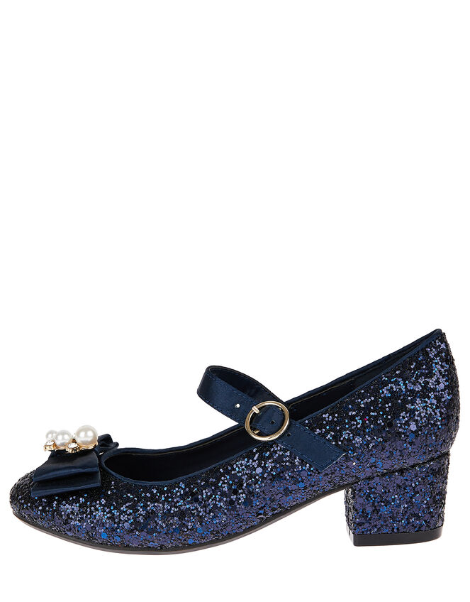 Embellished Bow Glitter Heeled Shoes, Blue (NAVY), large
