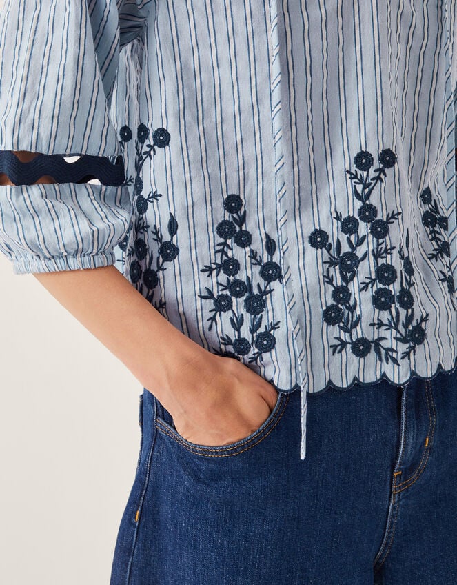 Cara Embroidered Stripe Blouse, Blue (BLUE), large