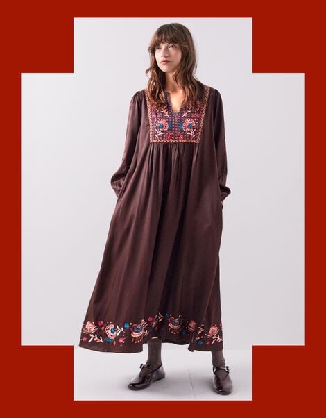 East Eliana Embroidered Long Sleeve Midi Dress, Brown (BROWN), large