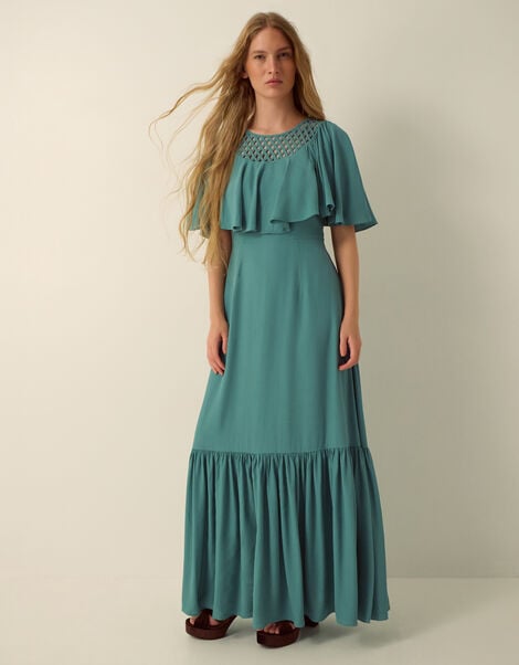Monsoon x Queens of Archive Sophia Lattice Cape Sleeve Maxi Dress, Blue (BLUE), large