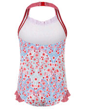 Floral and Stripe Halter Swimsuit, Blue (BLUE), large