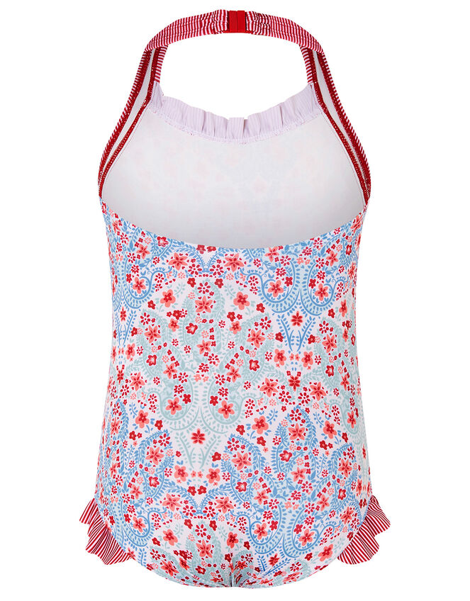 Floral and Stripe Halter Swimsuit, Blue (BLUE), large