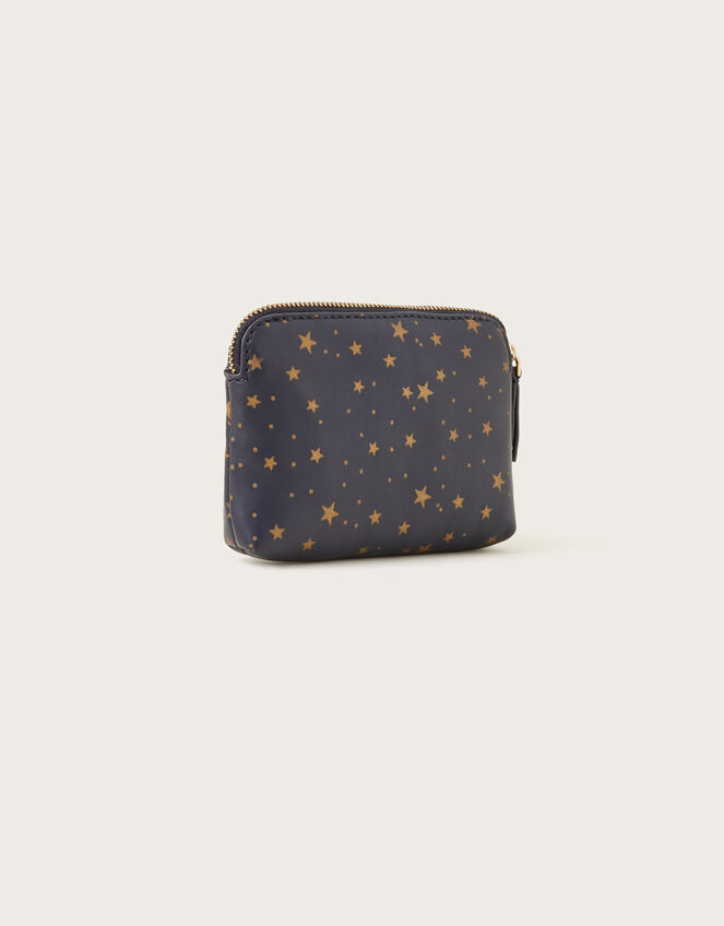 Star Print Large Leather Pouch, Blue (NAVY), large
