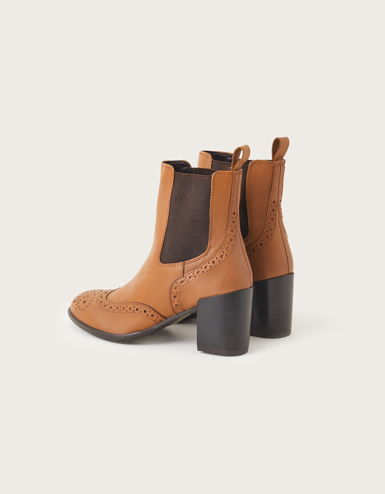 Classic Leather Heeled Brogue Boots Tan