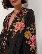 Maggie Tie-Front Embroidered Kimono, Black (BLACK), large
