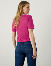 Embroidered Detail Jersey Linen T-Shirt, Pink (PINK), large