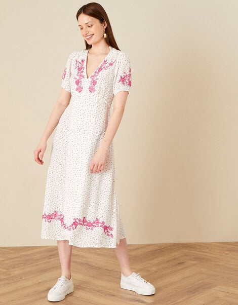 Embroidered Spot Button Midi Dress  Ivory, Ivory (IVORY), large