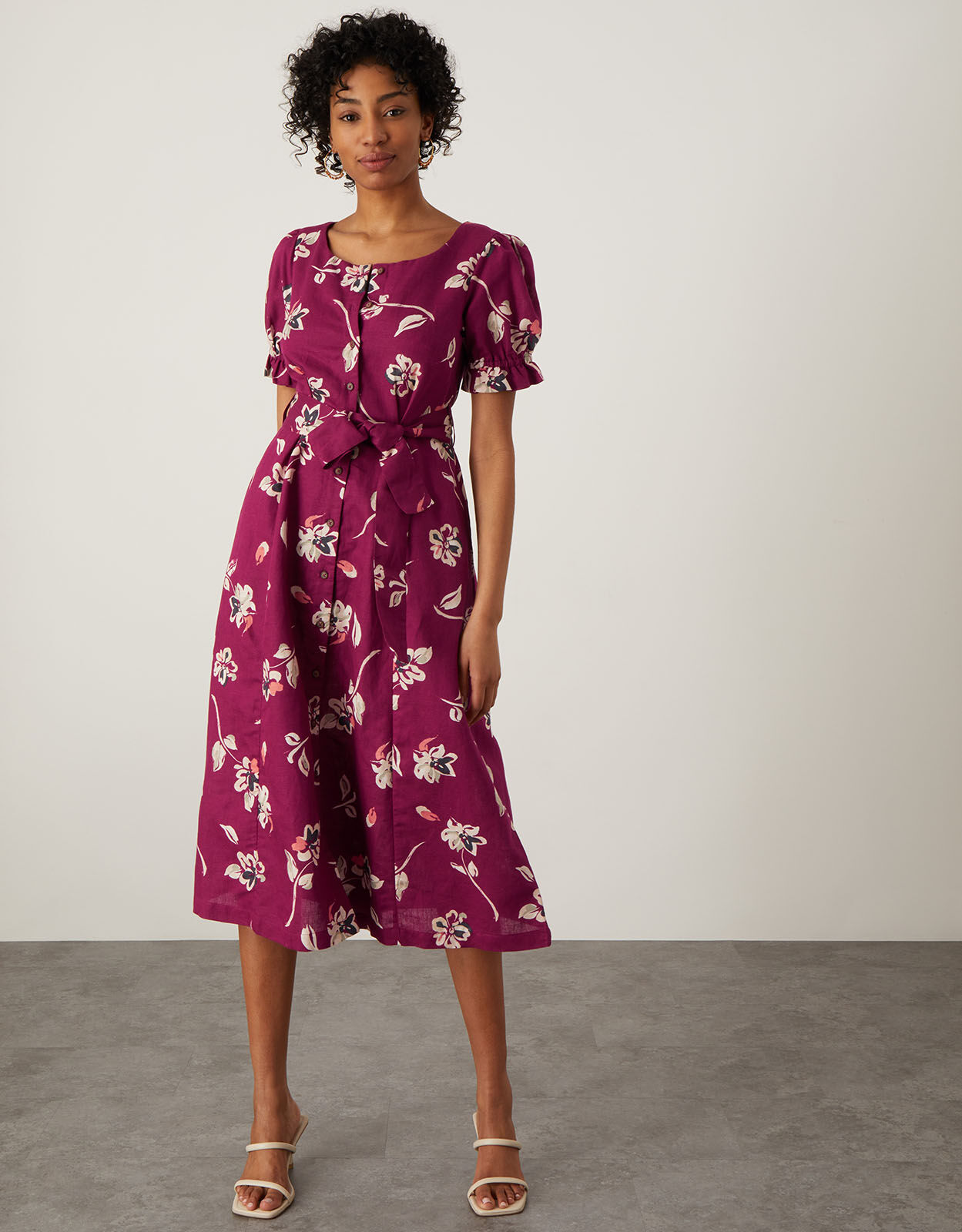 Floral Print Midi Dress in Linen Blend Pink